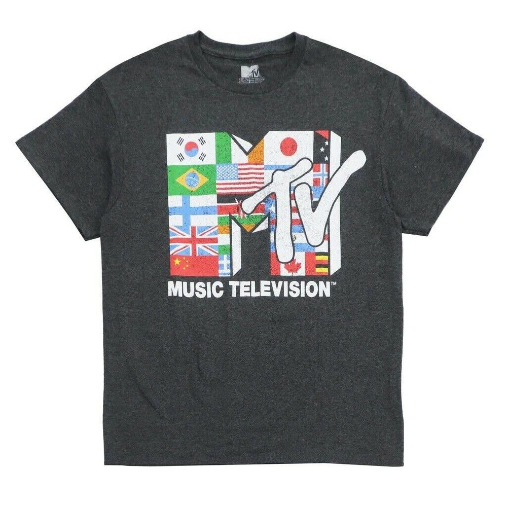 MTV Music Television Men's Officially Licensed Retro Tee T-Shirt - Grey MTV Flag